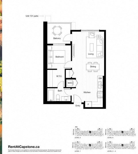 Floor plan for 1 bed, 1 bath, 627 sqft